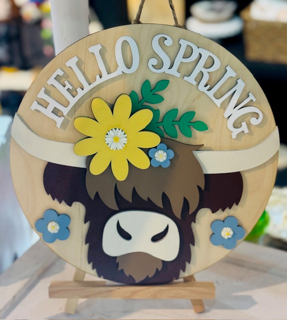Hello Spring Highland Cow Wood Sign - STV