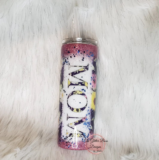Floral Mom - 20 oz Skinny - Glitter Boss