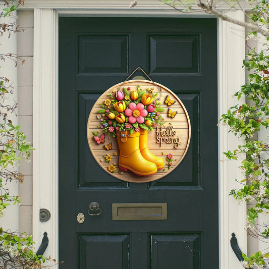 Hello Spring Rainboot Vibrant Uv Printed Wood Door Hanger - STV