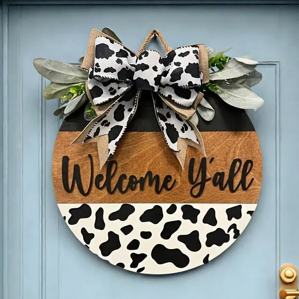 Cow Print Welcome Wood Sign - STV
