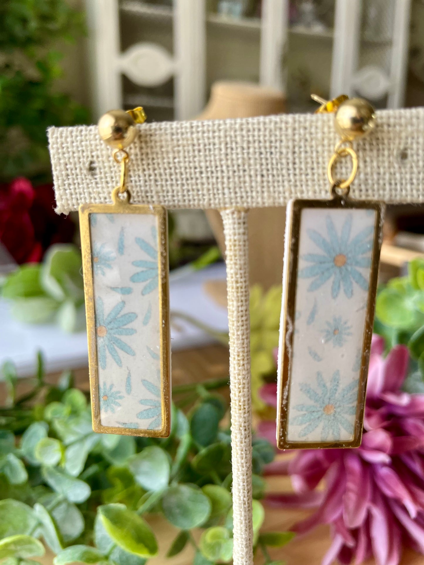 Blue Daisy Pattern Earrings - Mimi Co Handmade Jewelry