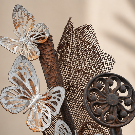 Butterfly Garden Haven, three silver-toned metal butterflies on an iron stem with industrial mesh - alternate view
