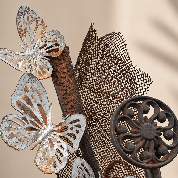 Butterfly Garden Haven, three silver-toned metal butterflies on an iron stem with industrial mesh - alternate view