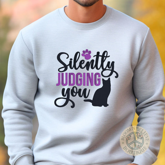 "Silently Judging You" Cat Lover Embroidered Unisex Shirt - Bloom-N-Believe Boutique