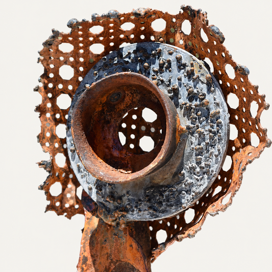 Perforated Halo Bloom – Reclaimed Metal Sculpture