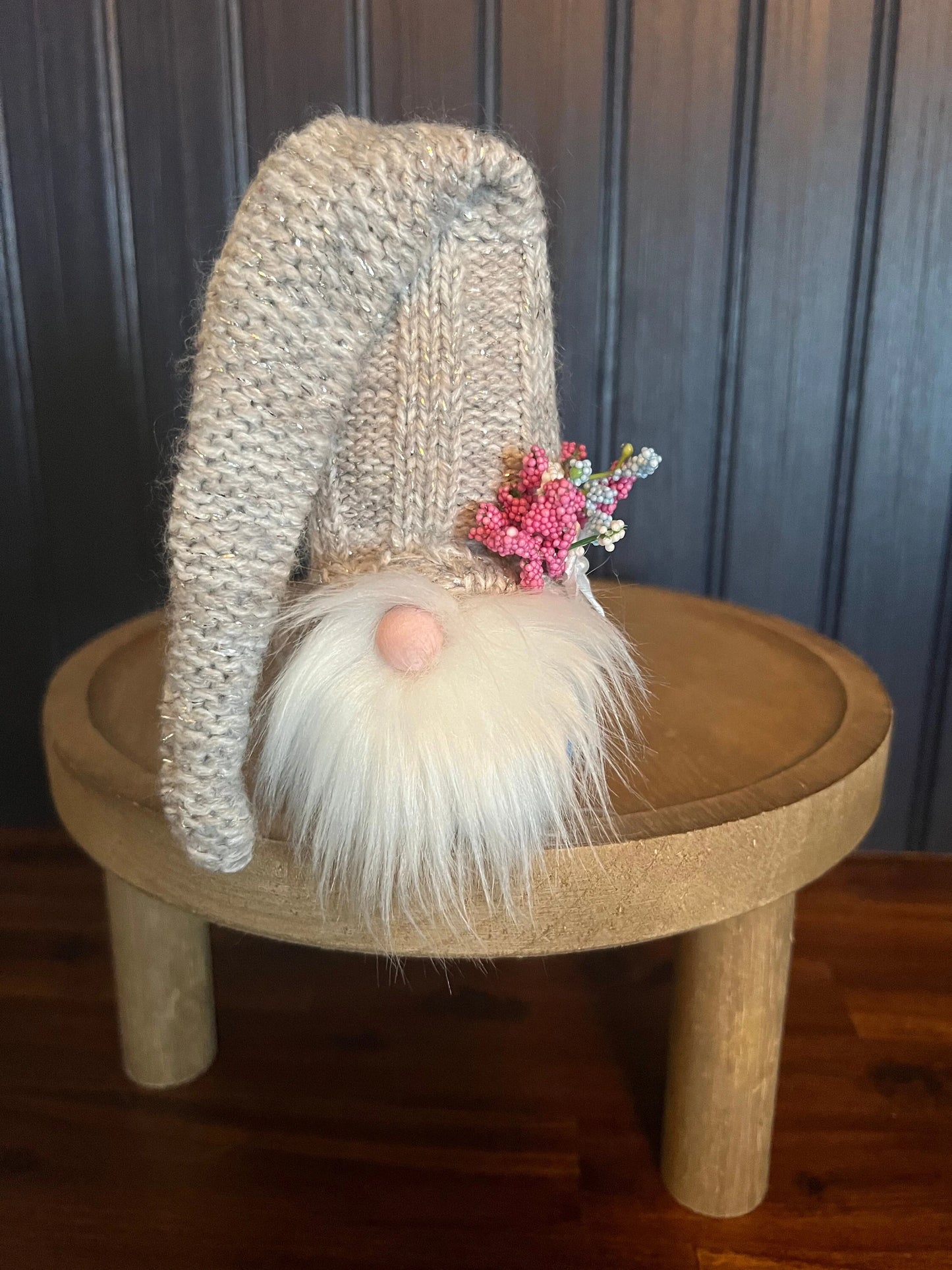 Gnoming Around: Gnome with Gray Hat, Flowers and Blue/white Body
