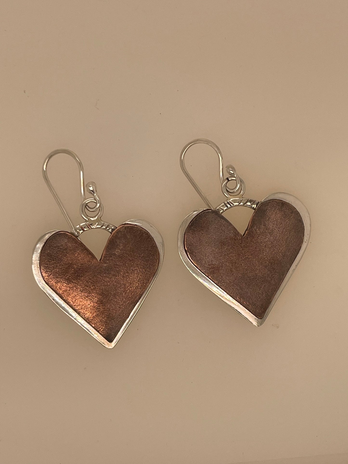 Sterling Silver w/Textured Copper Heart Drop Earrings