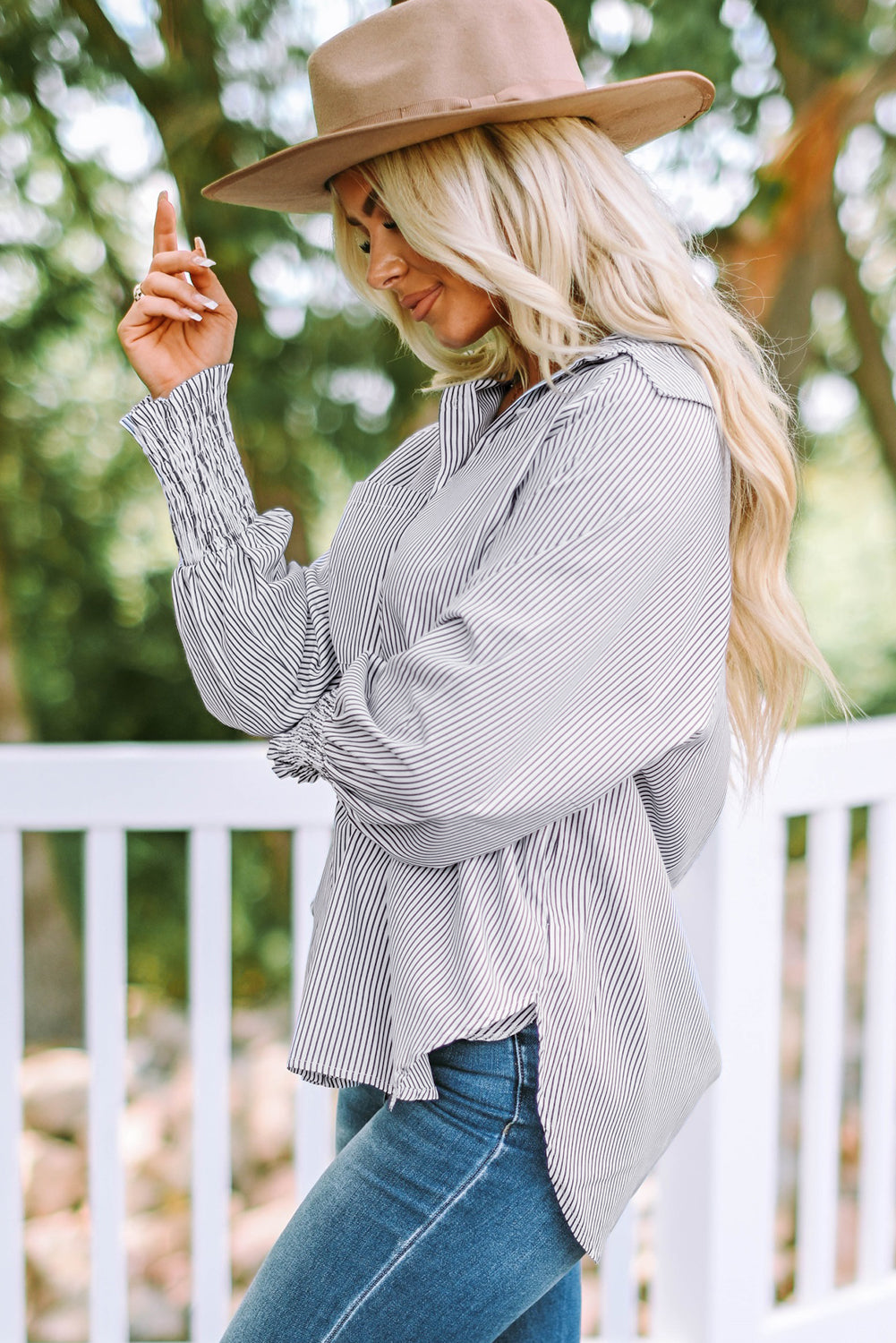 Black Smocked Cuffed Striped Boyfriend Shirt with Pocket | JB Boutique|