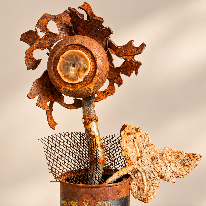 One-of-a-kind reclaimed metal flower sculpture featuring a vintage Rumford tin can, rusted steel petals, wire mesh, and cast metal leaf - alternate view