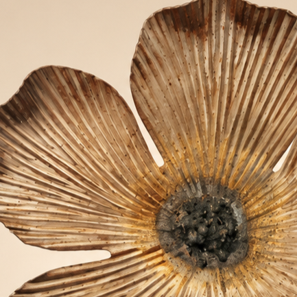 Radiant Sunburst Bloom, metal flower on a steel drill shaft and industrial spool base, alternate view