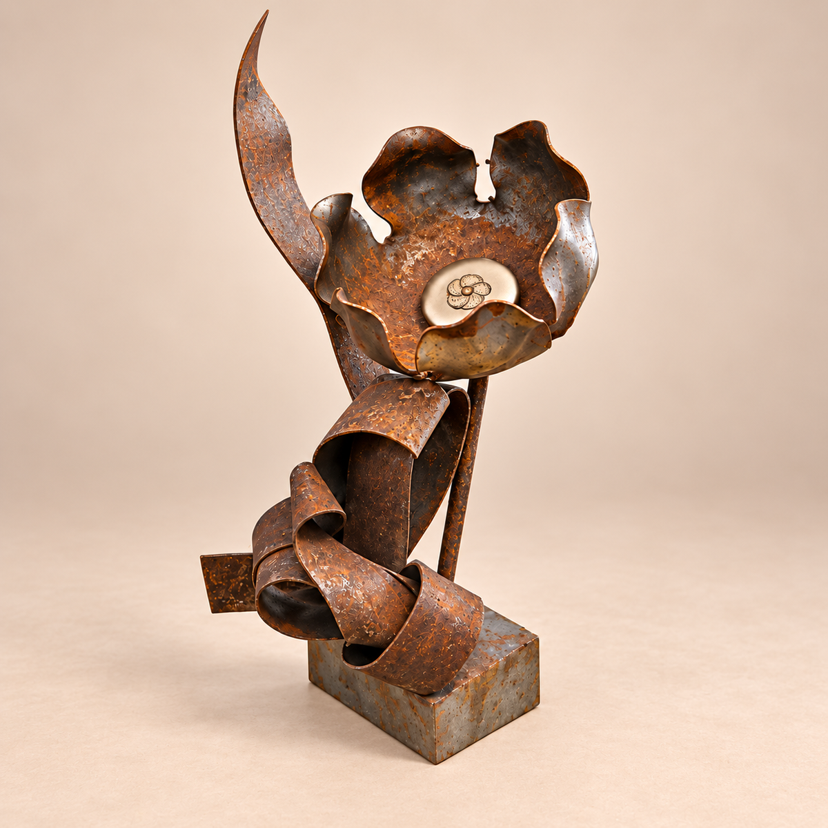 Ribbon Blossom reclaimed steel flower sculpture, alternate view