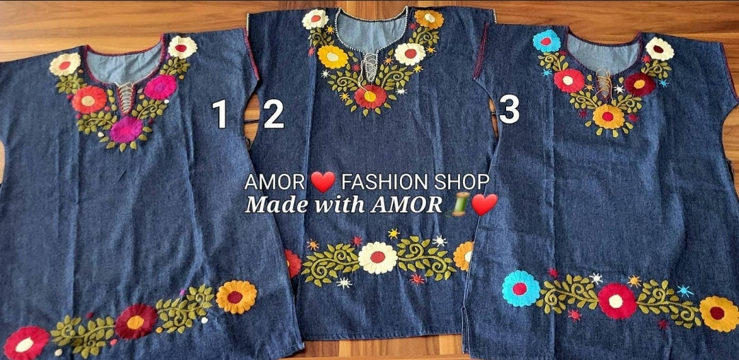 Denim Hand Embroider Sleeves Dress @amorfashionshop