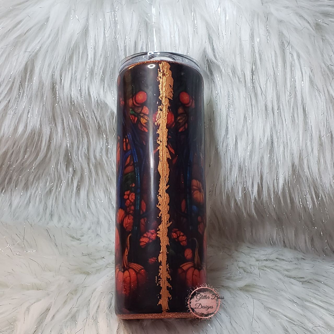 Stained Glass Pumpkin Patch w/ Mountains - 20 oz Skinny - Glitter Boss
