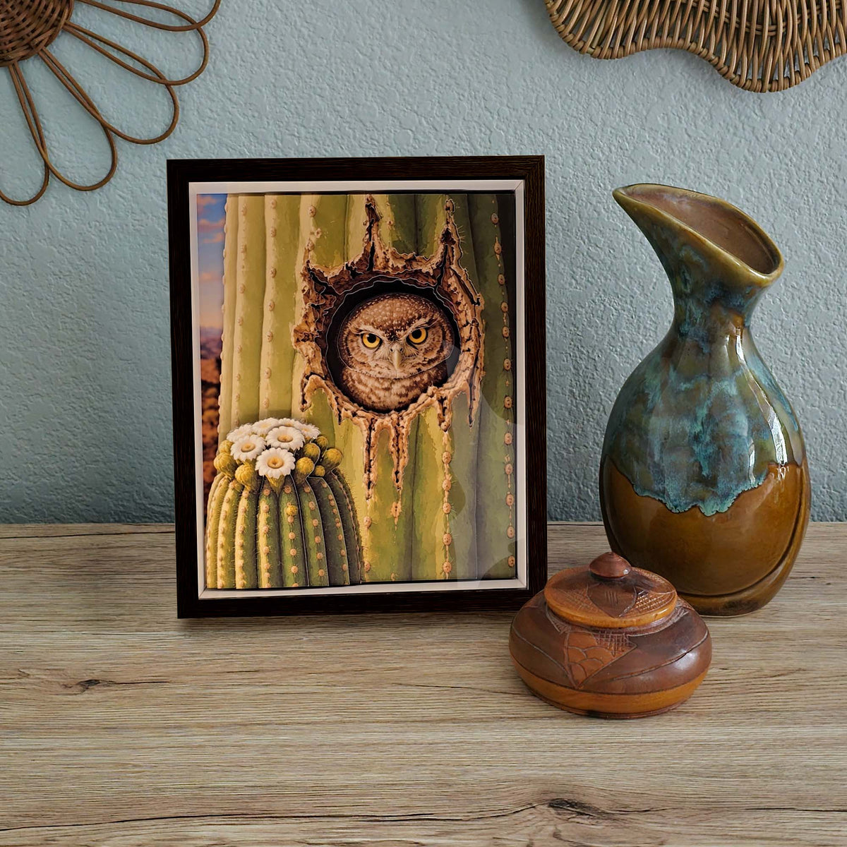 3D Pygmy Owl Saguaro Wall Art - Arid Desert Design
