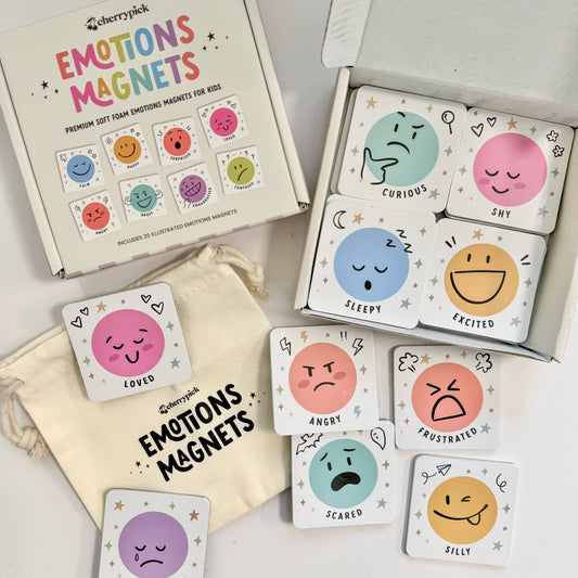 Emotions magnets set with colorful faces and a carrying bag on a light background