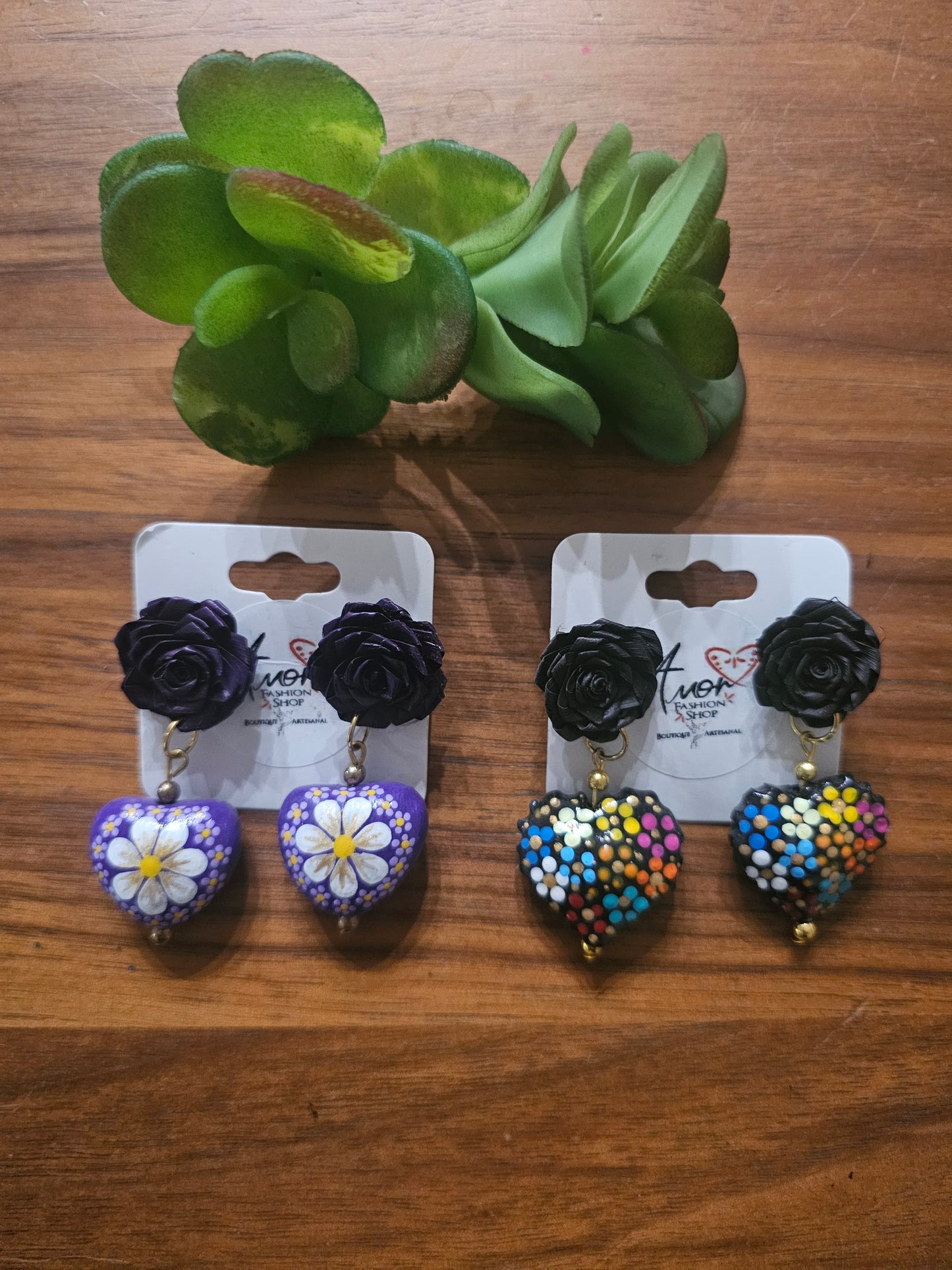 Earring Broqual Corazón Wood Hand Painted Palm Flowers @amorfashionshop