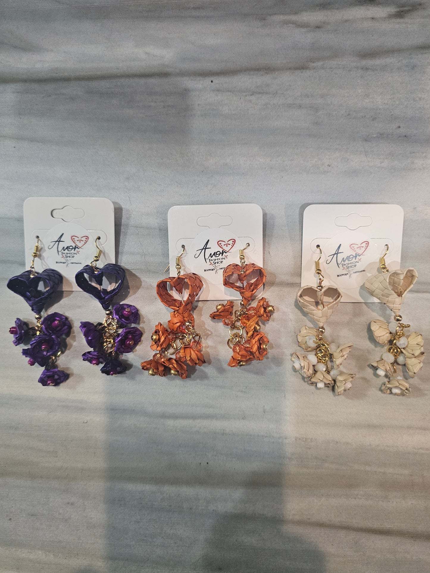 Earring Palm Corazon Tejido Flores @amorfashionshop
