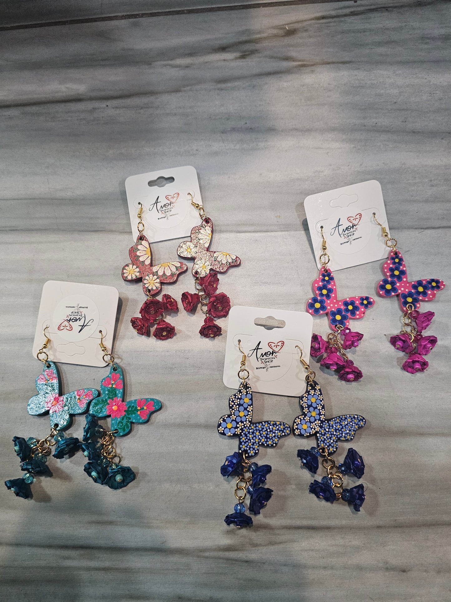 Earring Mariposa Wood Hand Painted Palm Flowers @amorfashionshop