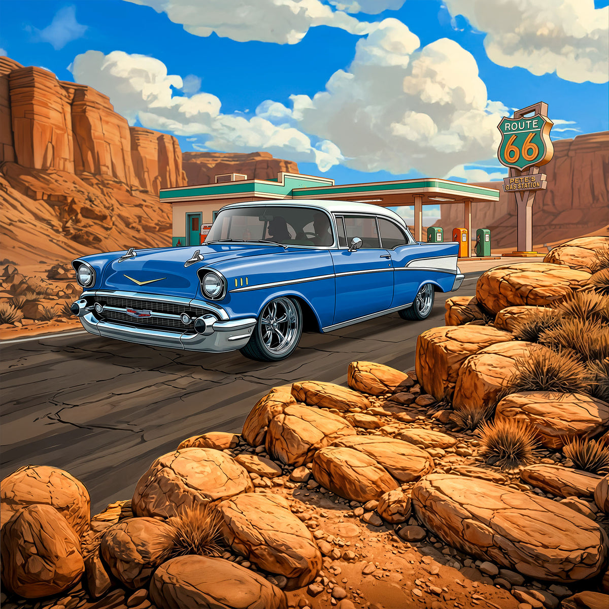 1957 Chevy Bel Air Inspired Route 66 3D Wall Art - Arid Desert Design