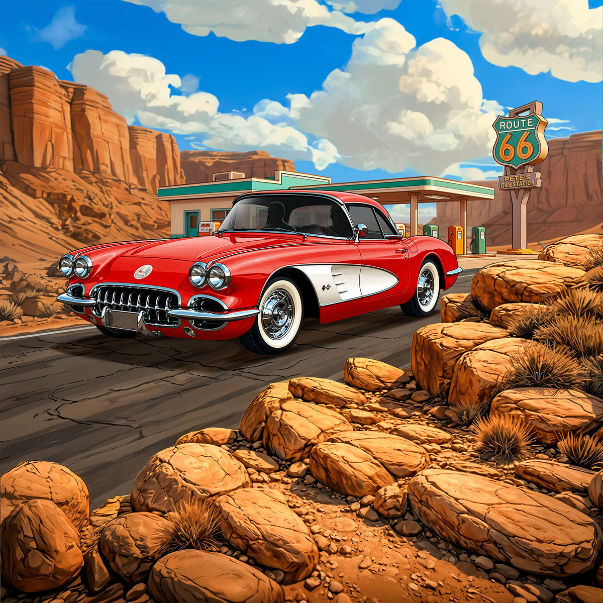 1960 Corvette Inspired Route 66 Wall Art - Arid Desert Design