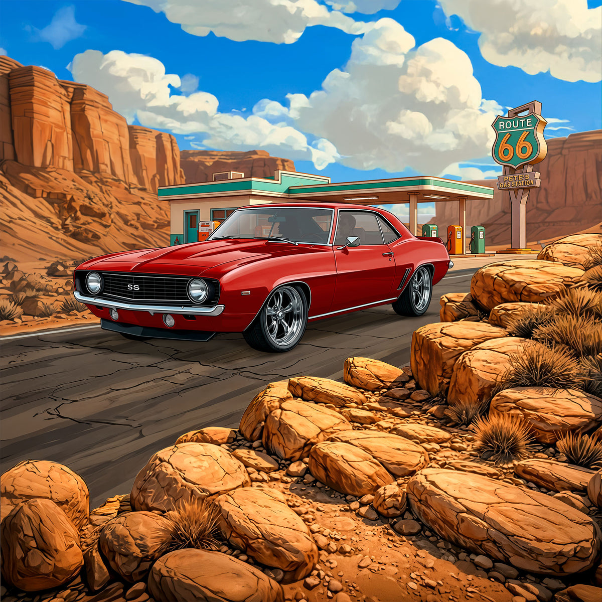 1969 Camaro SS Inspired Route 66 3D Wall Art - Arid Desert Design