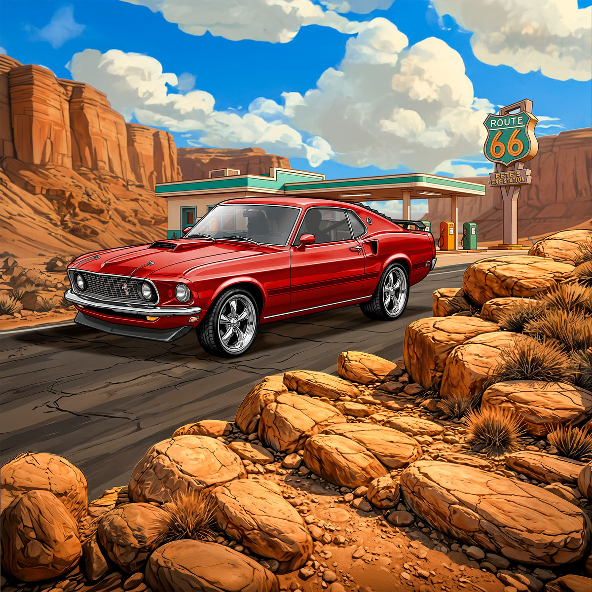 1969 Ford Mustang GT Inspired Route 66 3D Wall Art - Arid Desert Design