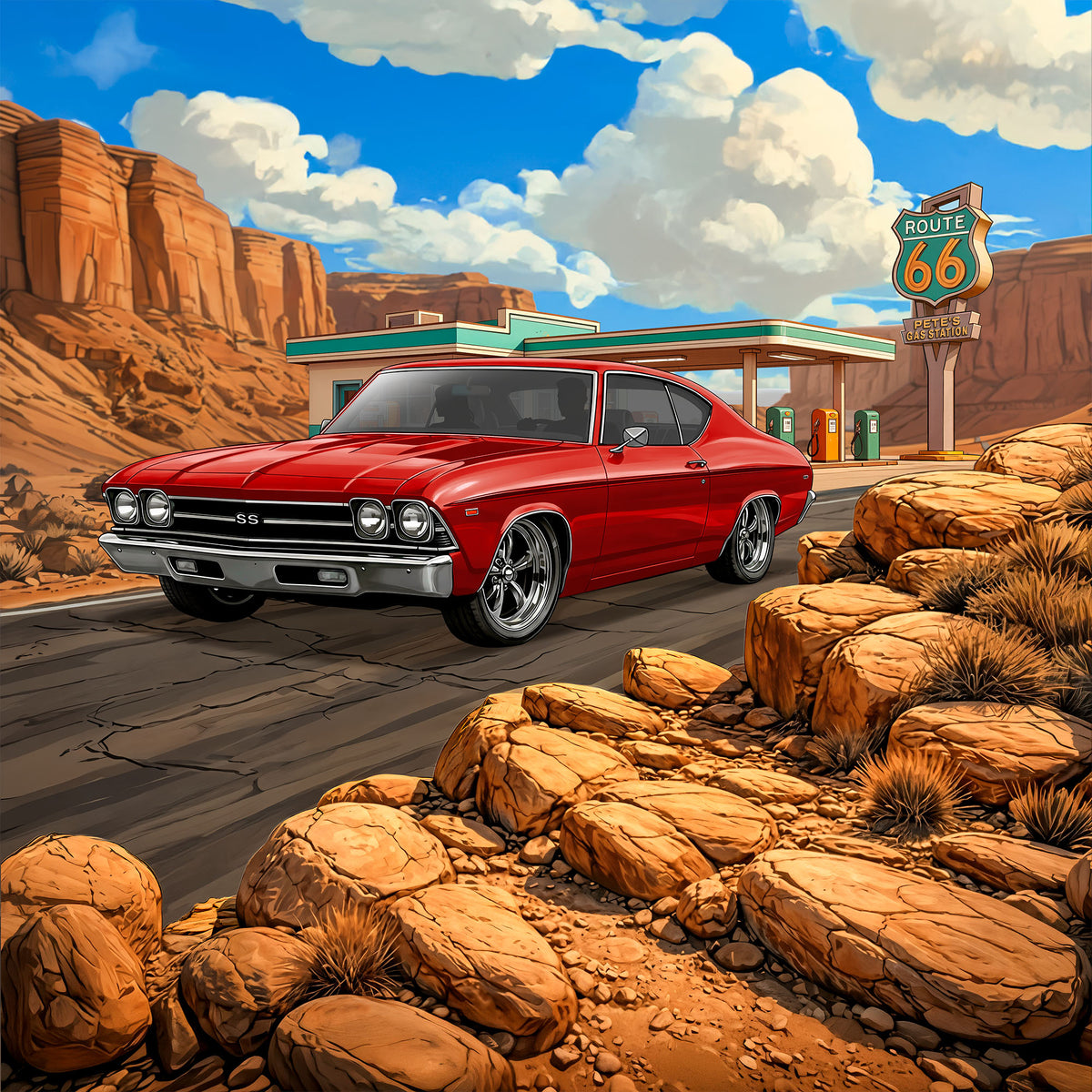 1968 Chevelle SS Inspired Route 66 3D Wall Art - Arid Desert Design