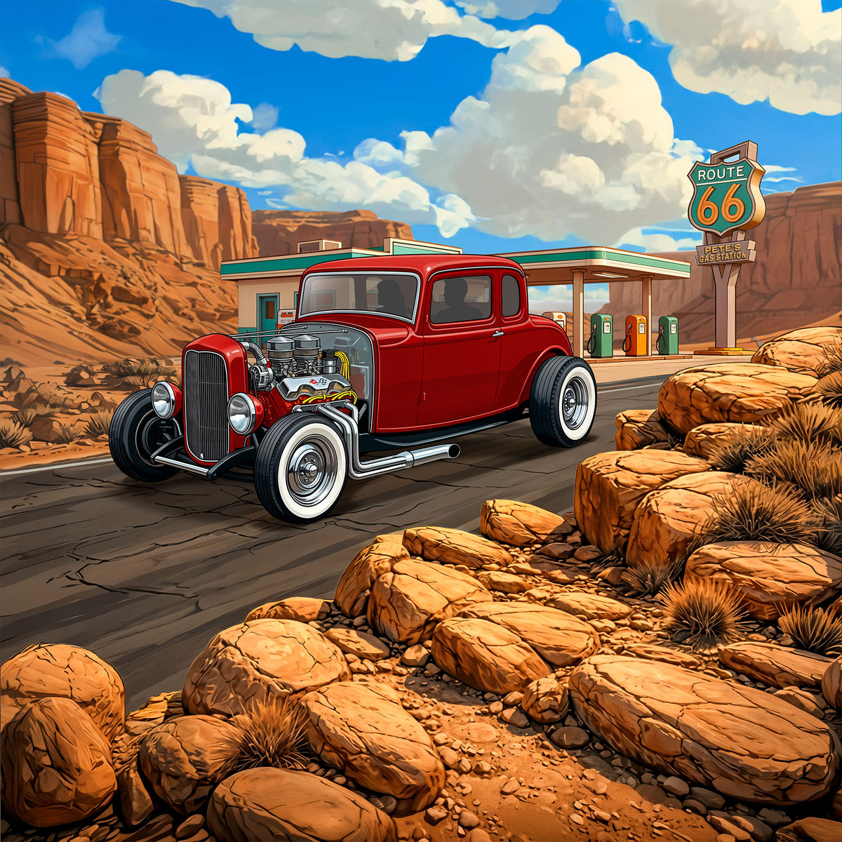 1932 Ford Coupe Inspired Route 66 3D Wall Art - Arid Desert Design