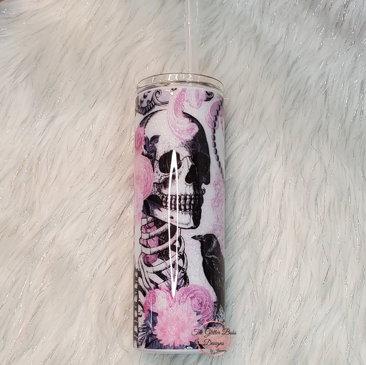 Rosey Skeleton - 20 oz Skinny - Glitter Boss