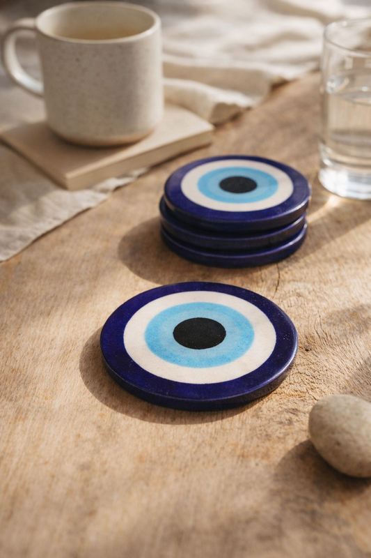 Handcrafted Blue Pottery Coasters | Artisan Table Decor | Set of Handmade Coasters by EarthenByMalvika