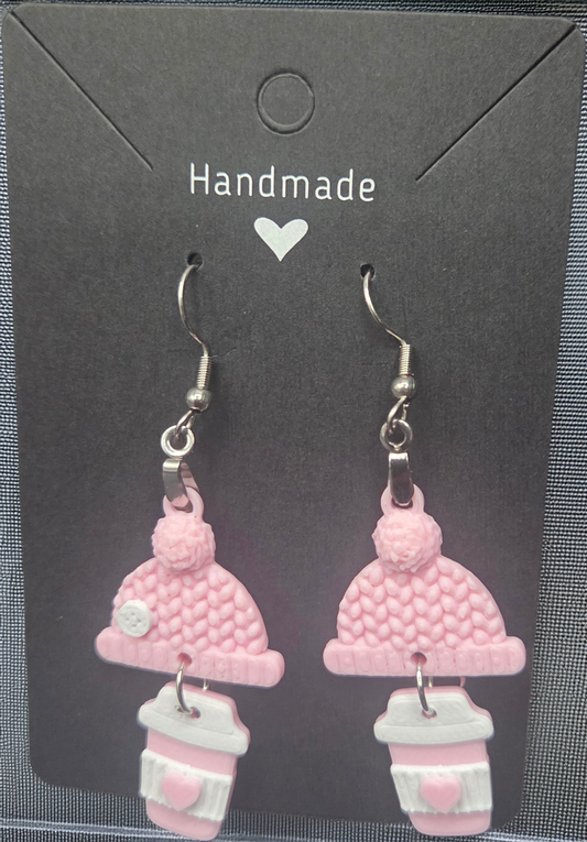pink winter beanni coffee Dangle Earrings - we customize crafts