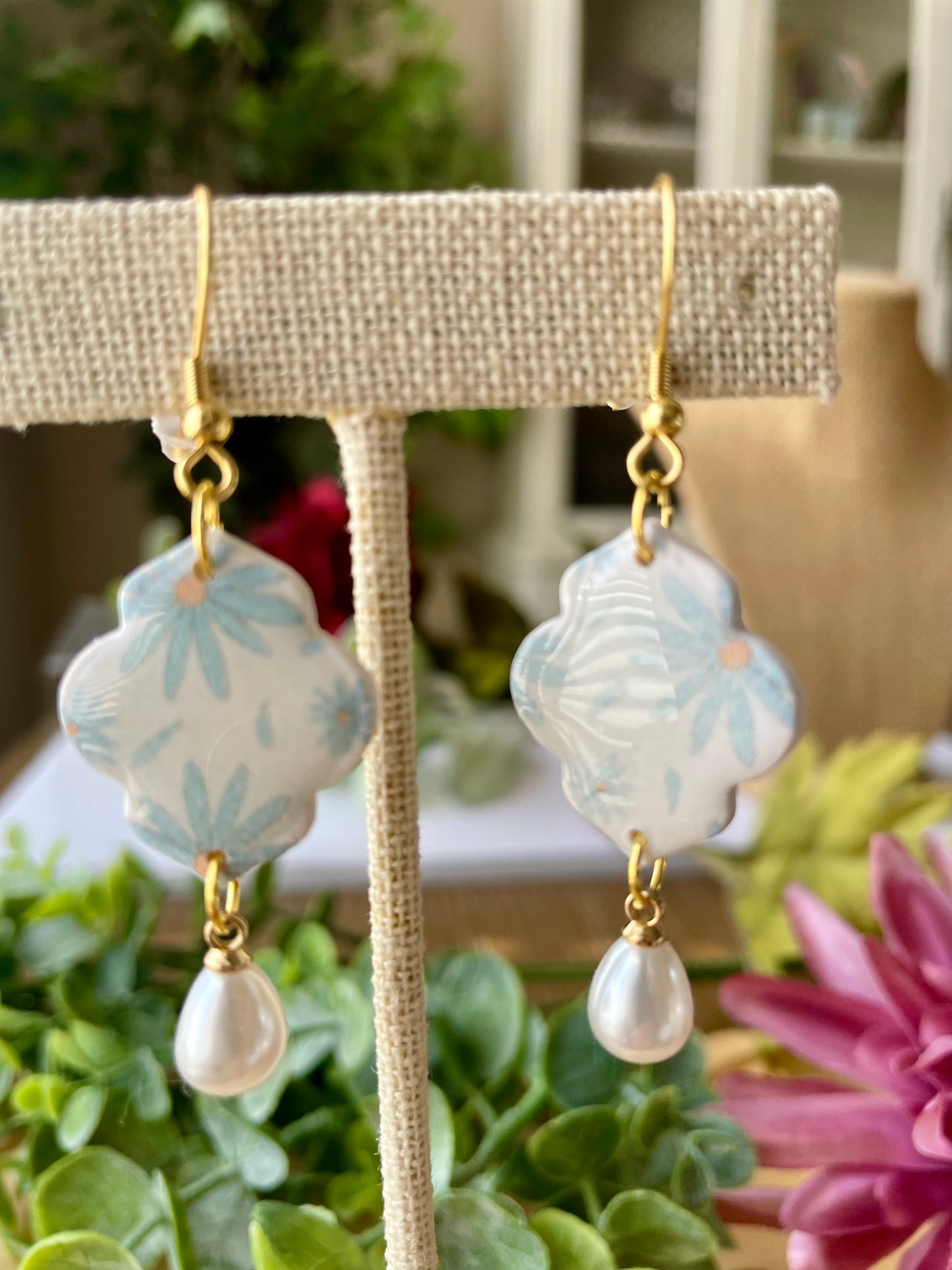 Blue Daisy Pattern Earrings - Mimi Co Handmade Jewelry