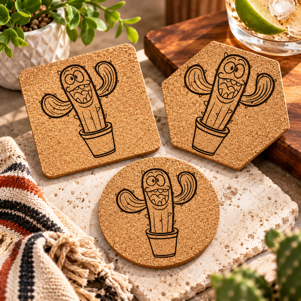 Happy Cactus Cork Coaster