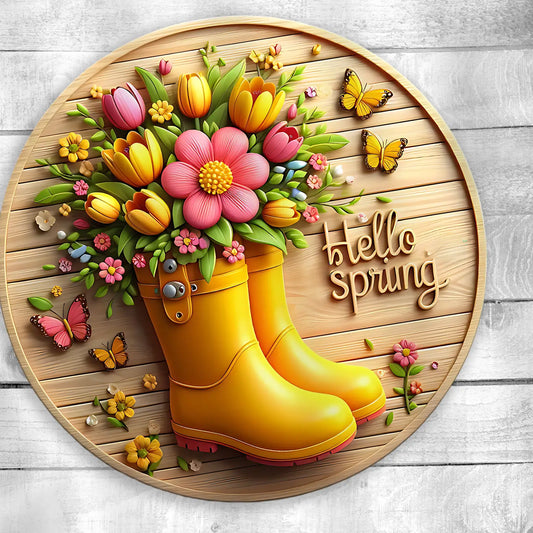Hello Spring Rainboot Vibrant Uv Printed Wood Door Hanger - STV