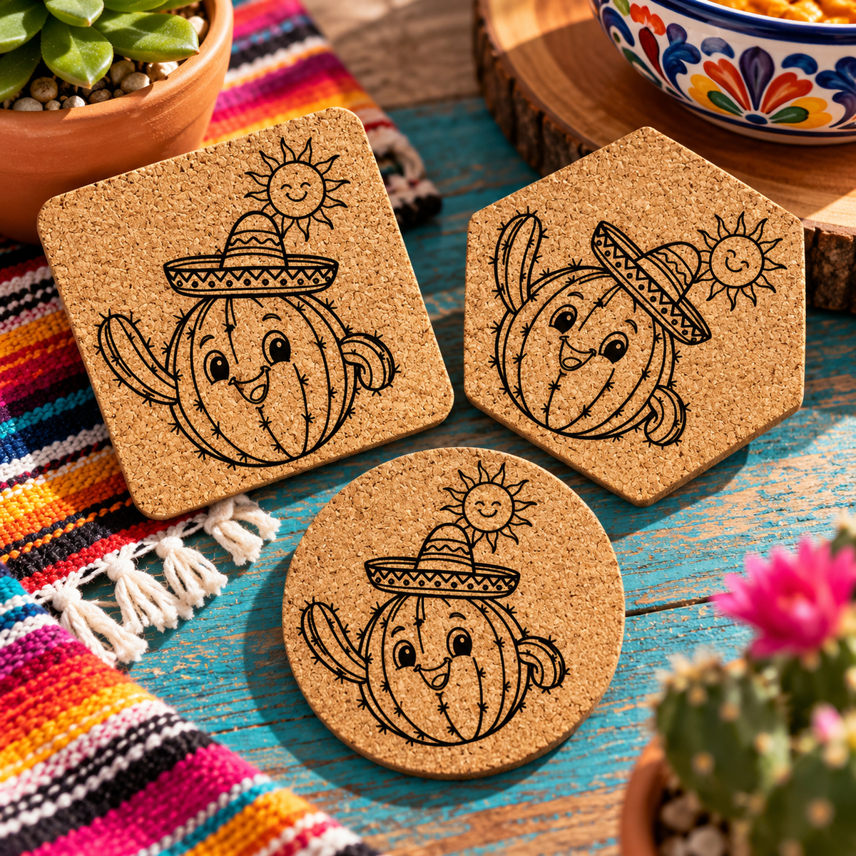 Fiesta Sun Cactus Cork Coaster-DQ Kreations