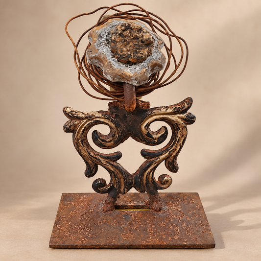 Baroque Nest Bloom, vintage wrought iron scrollwork with handwheel flower and coiled wire nest