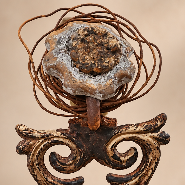 Baroque Nest Bloom, vintage wrought iron scrollwork with handwheel flower and coiled wire nest - alternate view