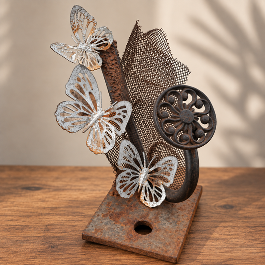 Butterfly Garden Haven, three silver-toned metal butterflies on an iron stem with industrial mesh
