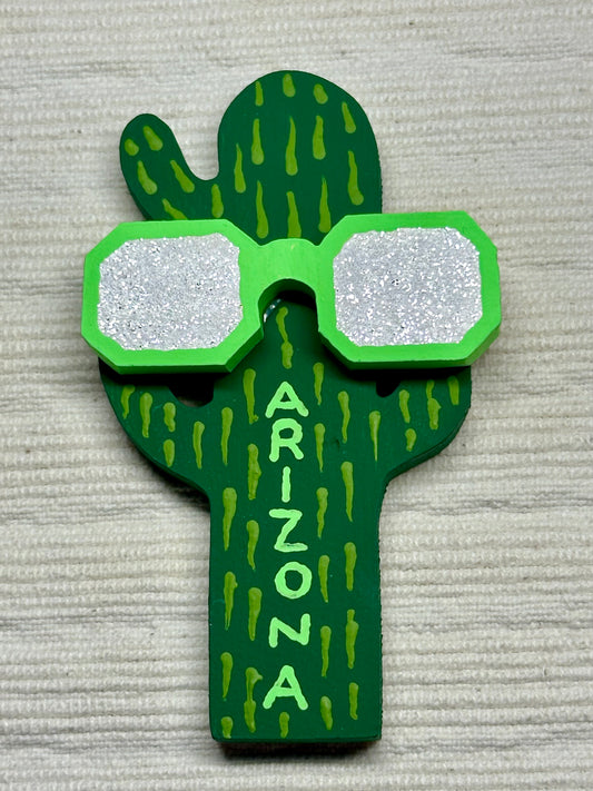 Cactus Wearing Sunglasses Wooden Magnet Handcrafted