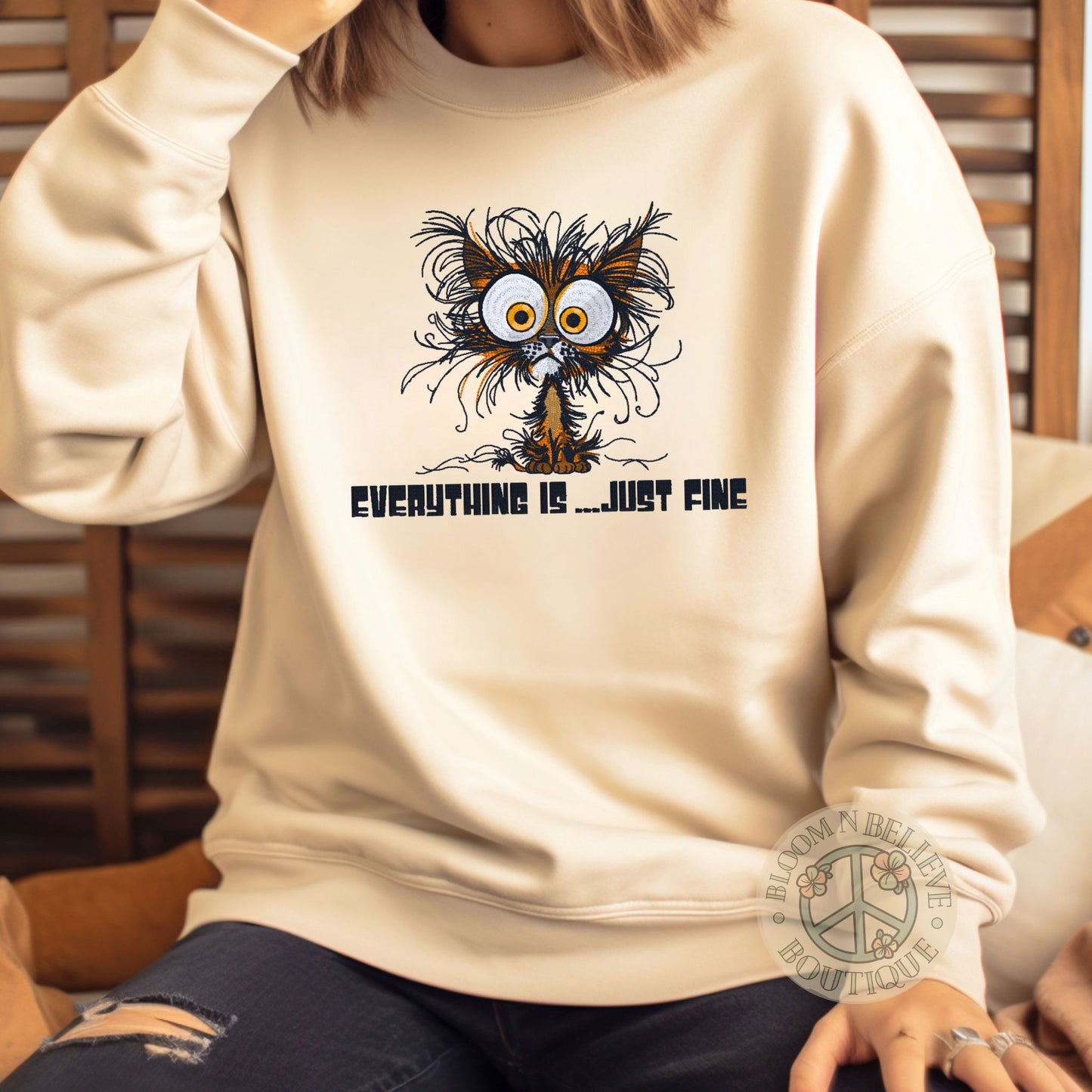 "Everything is...Just Fine" Frazzled Cat Embroidered Unisex Shirt - Bloom-N-Believe Boutique