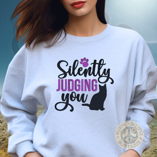 "Silently Judging You" Cat Lover Embroidered Unisex Shirt - Bloom-N-Believe Boutique