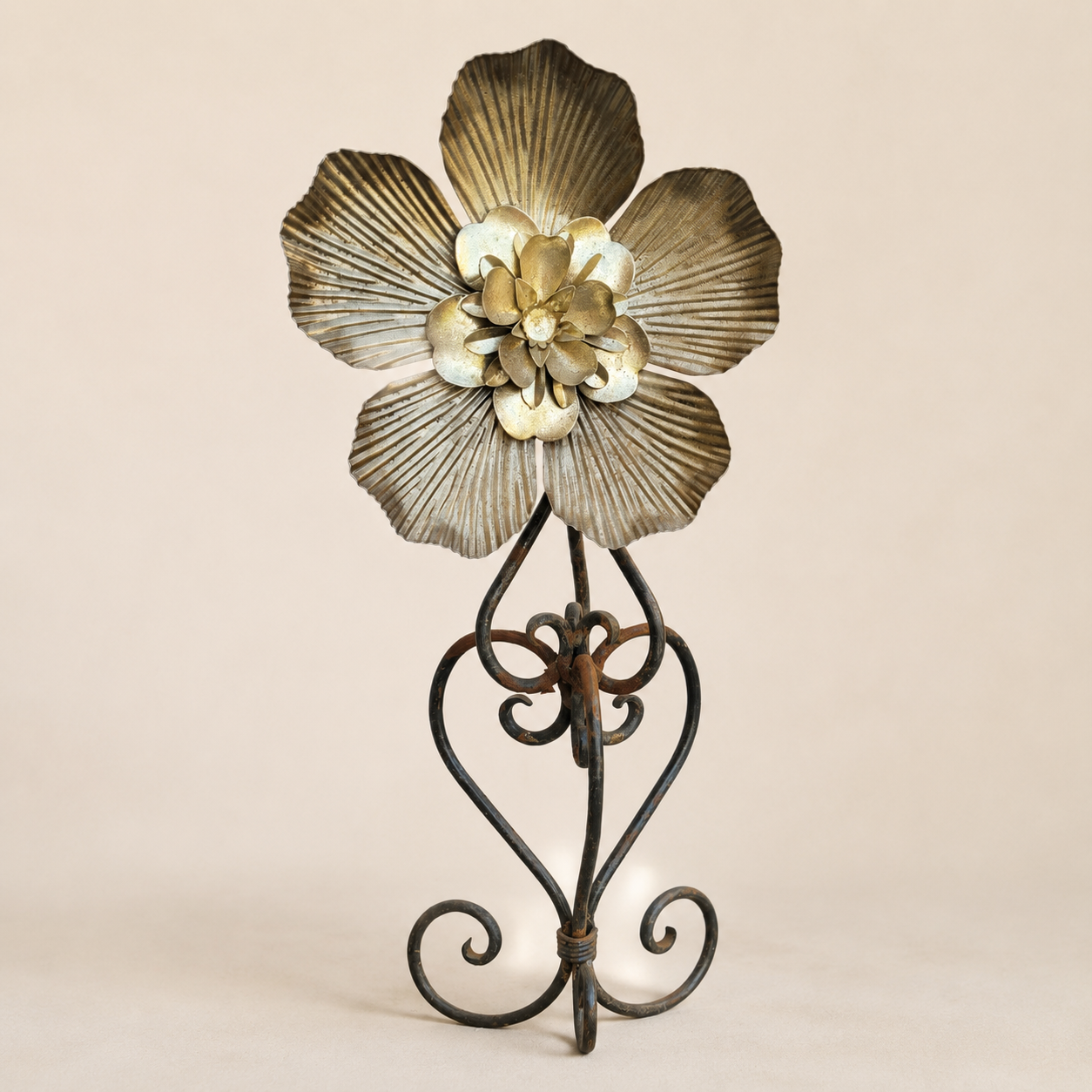 Golden Fluted Bloom – Reclaimed Metal Sculpture