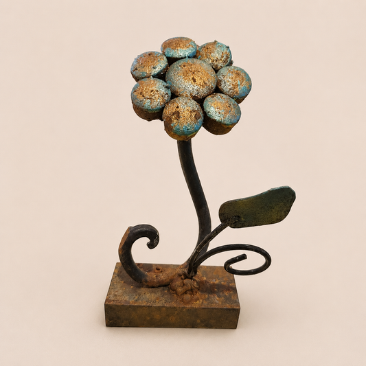 Turquoise Button Bloom – Reclaimed Metal Sculpture