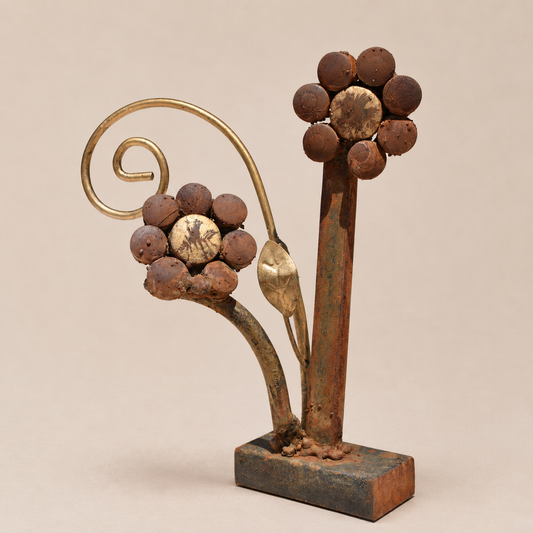 Twin Button Bloom – Reclaimed Metal Sculpture