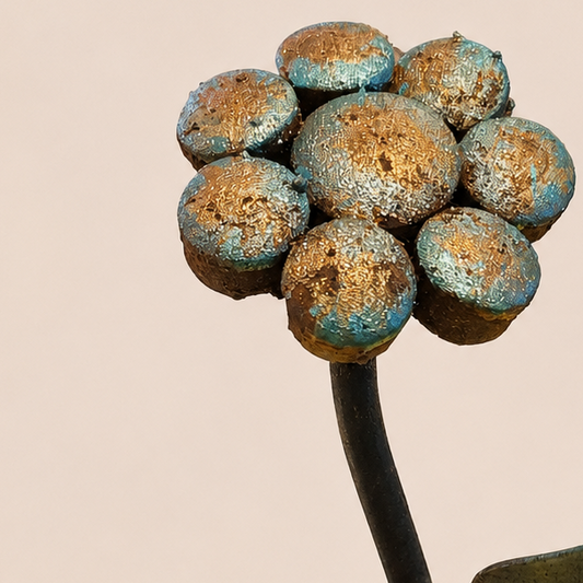 Turquoise Button Bloom – Reclaimed Metal Sculpture
