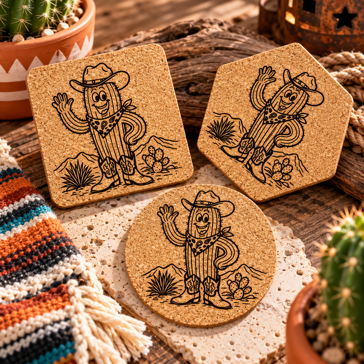 Western Cowboy Cactus Cork Coaster-DQ Kreations