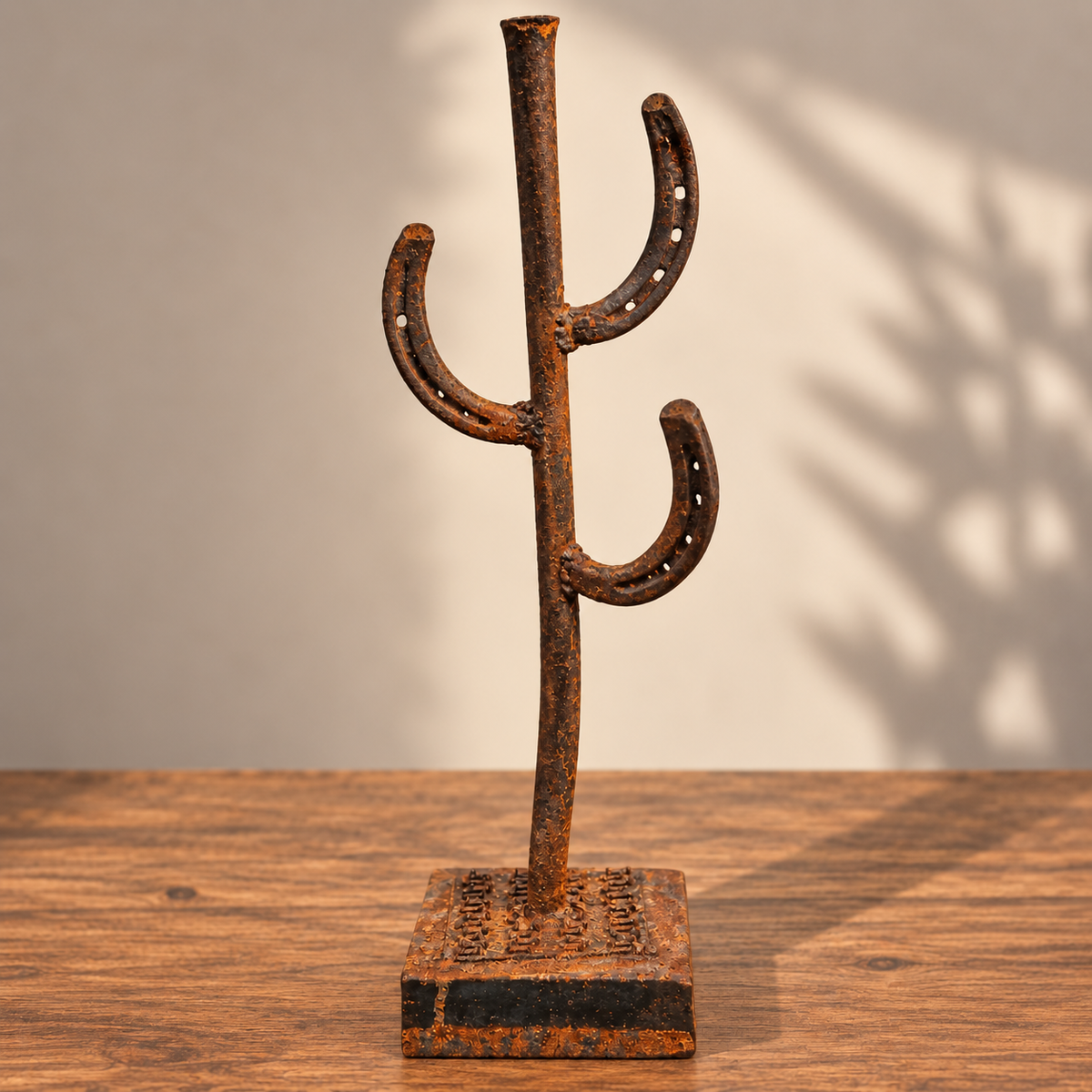 Desert Horseshoe Saguaro, Southwestern cactus sculpture made from reclaimed horseshoes and steel
