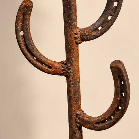Desert Horseshoe Saguaro reclaimed horseshoe cactus sculpture on a metal block base, alternate view