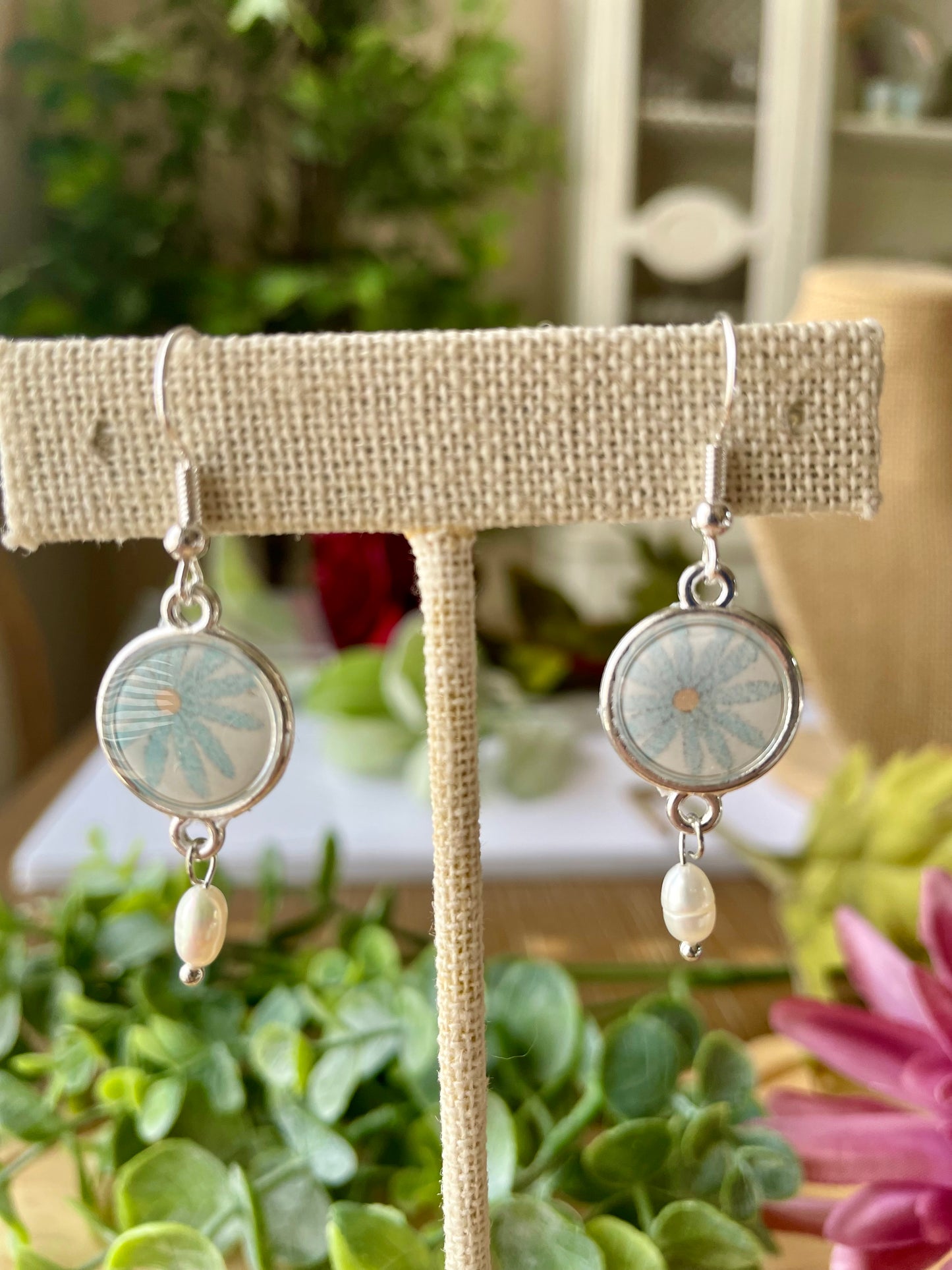 Blue Daisy Pattern Earrings - Mimi Co Handmade Jewelry