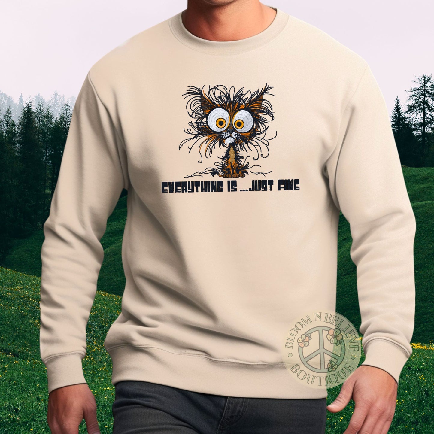 "Everything is...Just Fine" Frazzled Cat Embroidered Unisex Shirt - Bloom-N-Believe Boutique